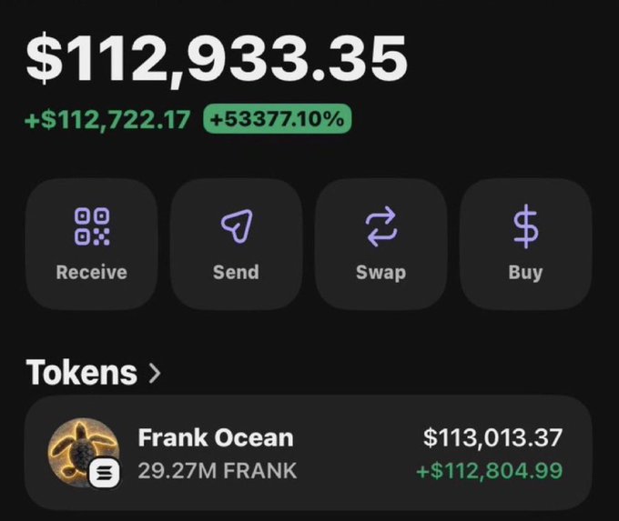 The image shows a crypto wallet displaying a balance of $112,933.35, up +$112,722.17 (+53377.10%), with the entire balance held in 29.27M $FRANK (Frank Ocean) tokens valued at $113,013.37. This visually corroborates the post's claim of being up $112,933 in profit on $FRANK, serving as screenshot "proof" to promote the poster's VIP alpha trading group.