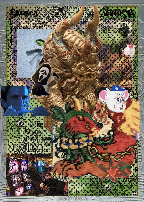 A chaotic digital collage or zine page features a central horned demon mask overlaid on psychedelic green and red patterns, along with a Scream mask, an LA Dodgers bear sticker, and various other cutout images.