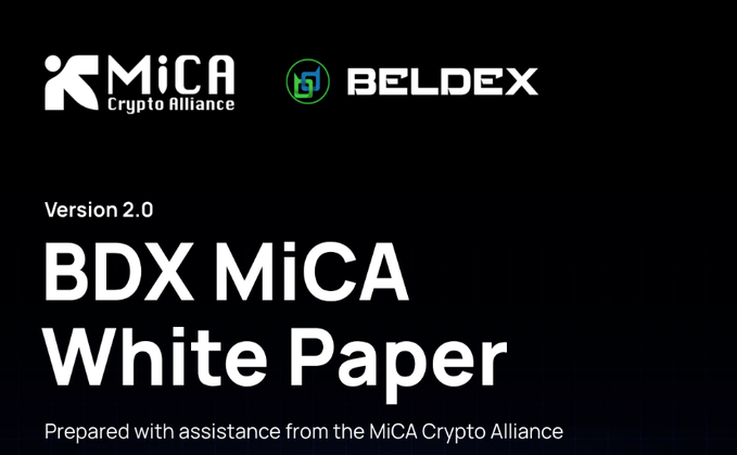 A black cover page for the 'BDX MiCA White Paper' Version 2.0, featuring logos for MiCA Crypto Alliance and BELDEX.