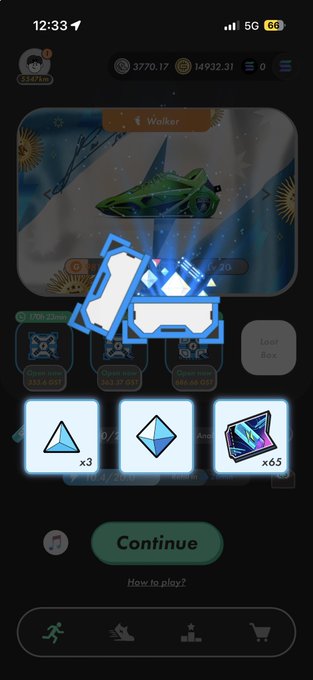 A mobile game screen showing a reward interface with a green gem item displayed prominently, rewards including 3 blue gems, 1 diamond-shaped crystal, and 65 colored crystals, with a "Continue" button.