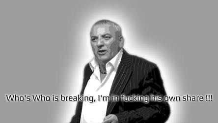 The image shows a black-and-white photo of a serious-looking man in a pinstripe suit with an animated halo effect, captioned "Who's Who is breaking, I'm infucking his own share !!!"

The meme appears to express frustration about the $WHUF token presale situation, with the angry caption reflecting the poster's sentiment that the "Who's Who" team (referenced in the text) may be undermining their own investors by not delivering on promises, despite the Base team's savage disses mentioned in the post.