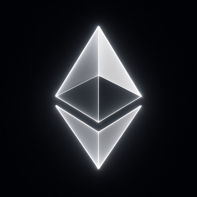A glowing, 3D-rendered white Ethereum logo centered on a dark gradient background.