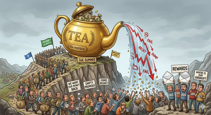 The image shows a large group of people gathered around a giant teapot that has been spewing tea into the air, with some signs indicating a market downturn or economic challenges. The scene depicts a sense of unity among the people as they face these difficult times together.