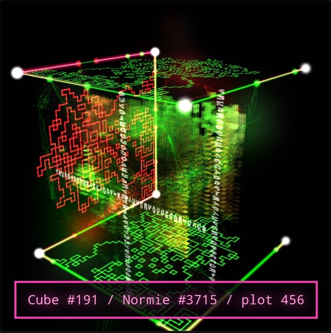 The image displays a glowing 3D cube formed by interconnected nodes and lines in neon green and red, with internal patterns resembling circuit boards and binary code against a black background. A magenta-bordered label reads "Cube #191 / Normie #3715 / plot 456," identifying this as one of the "Normie" generative cubes from the Block collection, which merges Chain Runners characters with the CC0 onchain art movement referenced in the post.