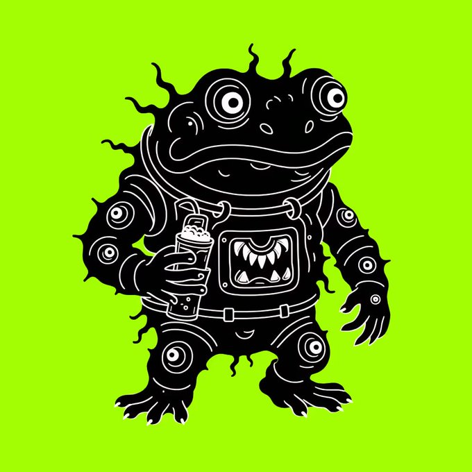 A black monster character with multiple eyes, sharp teeth, and spiky limbs holding a boba drink, illustrated against a bright green background.