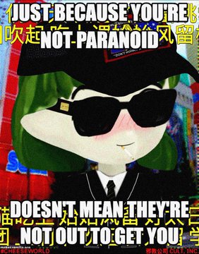 The image shows a meme featuring a cartoon character wearing a black hat and sunglasses with a smug expression, accompanied by the text "JUST BECAUSE YOU'RE NOT PARANOID DOESN'T MEAN THEY'RE NOT OUT TO GET YOU." The meme uses Chinese characters as background styling and references the Milady NFT collection (ticker $milady), which relates to the post about someone purchasing 43 Miladys for 50 ETH ($96,300) and accumulating 67 total, suggesting the collector may be anticipating further opportunities or competition in the NFT market.