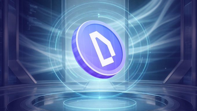 A glowing blue circular token featuring the Polygon (MATIC) logo, displayed on a futuristic platform with light rays.