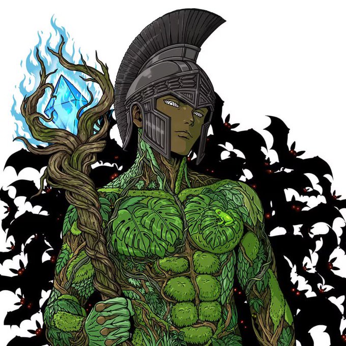 A digital illustration shows a powerful nature warrior with skin and muscles made of intertwined vines, leaves, and foliage, wearing a dark Spartan-style helmet and wielding a wooden staff topped with a glowing blue crystal. The "Frogs Lives Matter" caption plays on the imagery by highlighting the rugged, nature-infused aesthetic of the SolGods NFT character, blending warrior strength with organic, frog-and-flora symbolism.