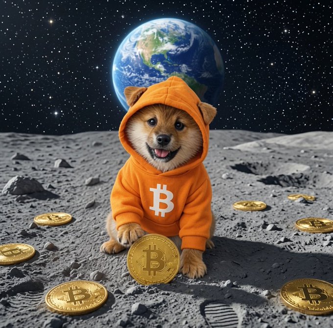 The image features a small brown dog wearing an orange hoodie with the letters "B", sitting on a rocky surface surrounded by gold coins, which are scattered around the dog. The backdrop of the image shows a planet or moon, suggesting that this scene takes place in outer space. The caption reads "$DOG".