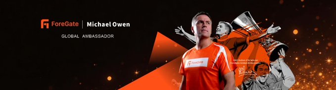 The promotional banner features football legend Michael Owen as ForeGate's Global Ambassador, displayed in his orange ForeGate-branded jersey alongside imagery celebrating his iconic UEFA Champions League and Ballon d'Or victory, reinforcing ForeGate's ongoing expansion into diverse sports and esports prediction markets beyond the World Cup.