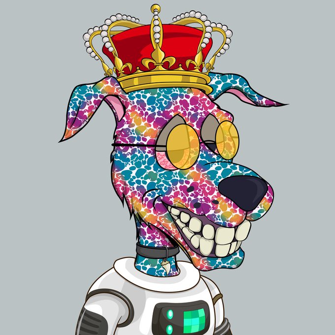 A colorful cartoon illustration of a dog wearing a red and gold crown and yellow sunglasses, dressed in a white astronaut suit, set against a gray background.
