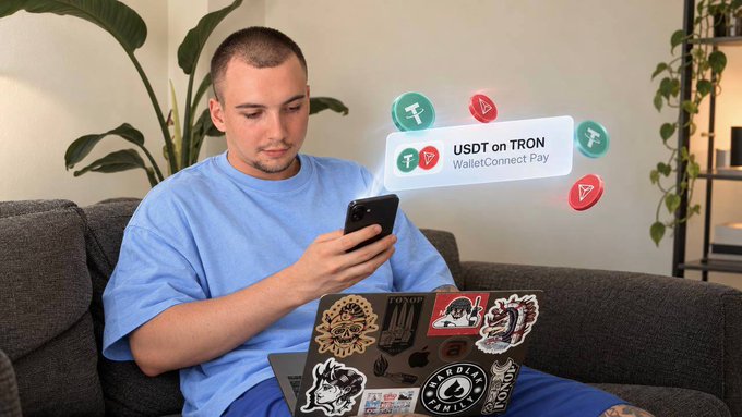 A young man with a laptop covered in stickers uses a smartphone, with a digital overlay showing 'USDT on TRON' and 'WalletConnect Pay' alongside Tron and Tether logos.