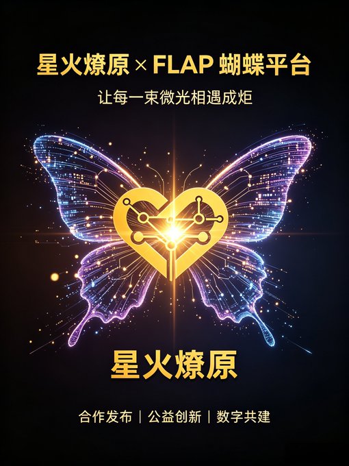 A promotional graphic featuring a glowing golden heart with circuit-board patterns, framed by luminous blue and purple butterfly wings, with Chinese text reading '星火燎原 × FLAP蝴蝶平台' and '让每一束微光相遇成炬' above, and '星火燎原' below.