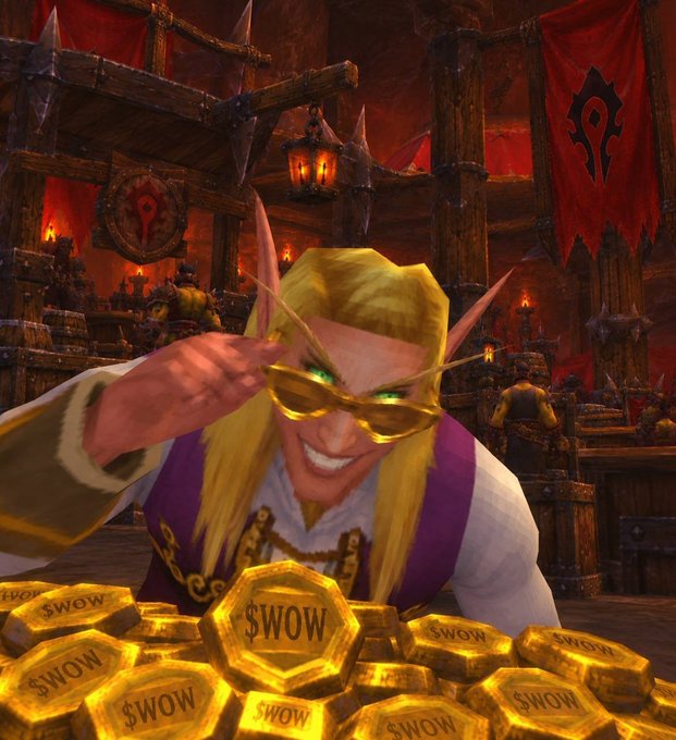 A video game character with blonde hair and pointed ears wears gold-rimmed sunglasses and grins while posing over a pile of gold coins stamped with '$WOW', set against a Horde-themed fortress backdrop with red banners.