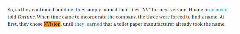 The image shows a text excerpt explaining the origin of the company name "NV" (nVision), with key terms "nVision" and "previously" highlighted in orange. It describes how founders Huang and others initially chose the name nVision before discovering it was already taken by a toilet paper manufacturer, which connects to the social media post mentioning "$NV" (NVision) as a crypto token ready for an upcoming week.