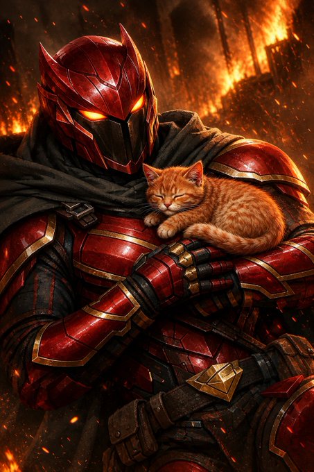 Digital artwork depicting an armored warrior with a red helmet and glowing yellow eyes, tenderly cradling a sleeping orange tabby cat against a fiery backdrop.