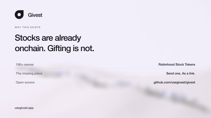 The image shows the "Givest" promotional page with the tagline "Stocks are already onchain. Gifting is not," highlighting features like "190+ names," "Robinhood Stock Tokens," the ability to send shares as a link, and noting it is open source on GitHub (github.com/usegivest/givest). It directly illustrates the post's premise that Givest bridges the gap by letting users send tokenized stocks as private links, covering the gas fees to make onchain gifting accessible.
