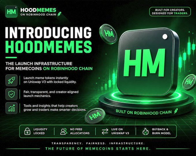 The image is a promotional graphic introducing "HoodMemes" (HM) as a launch infrastructure for memecoins on Robinhood Chain, featuring key features like locked liquidity, Uniswap V3 deployment, no free allocations, and a buyback & burn model, with the tagline "The Future of Memecoins Starts Here."