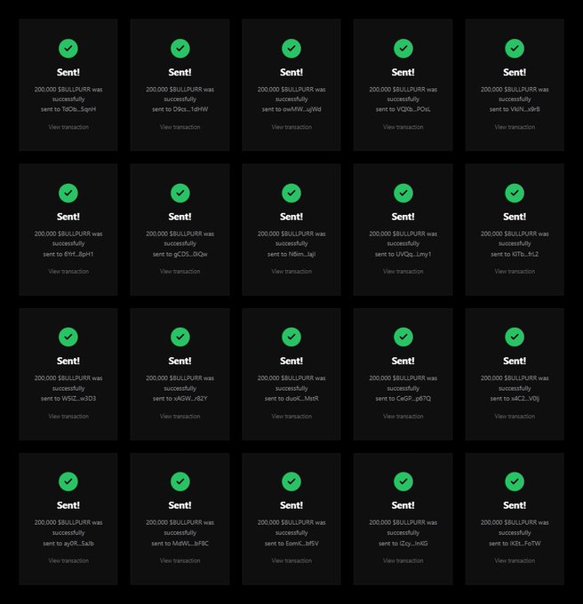 A grid of 20 confirmation cards, each displaying a green checkmark and "Sent!" with a "View transaction" link, showing that 200,000 $BULLPURR was successfully sent to various random $SOL wallet addresses. The image illustrates the claim in the post that 200,000 $BULLPURR tokens are being distributed to participants' wallets as part of a Solana airdrop.