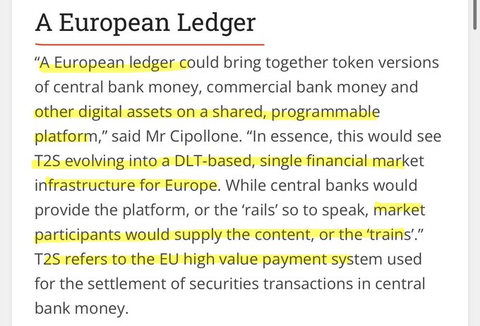 The image shows a news article excerpt titled "A European Ledger," featuring a quote from Mr. Cipollone about a proposed European ledger that would unite tokenized central bank money, commercial bank money, and other digital assets on a shared, programmable platform, with T2S evolving into a DLT-based single financial market infrastructure for Europe. This aligns with the post highlighting XRP, XLM, and ALGO as cryptocurrencies positioned to benefit from such a unified digital asset ledger initiative.