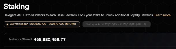 A dark-themed webpage showing staking information for ASTER, including 'Current epoch: 2026/07/20 - 2026/07/27' and 'Network Staked 455,880,458.77'.