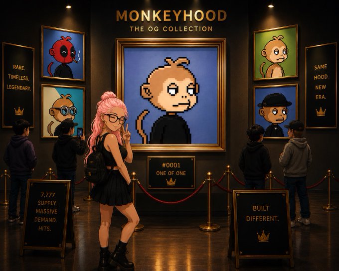 A scene of a 'MONKEYHOOD THE OG COLLECTION' art gallery, featuring framed pixelated monkey portraits, with a pink-haired woman posing in the foreground and signs reading '7,777 SUPPLY. MASSIVE DEMAND. HITS.' and 'BUILT DIFFERENT.'