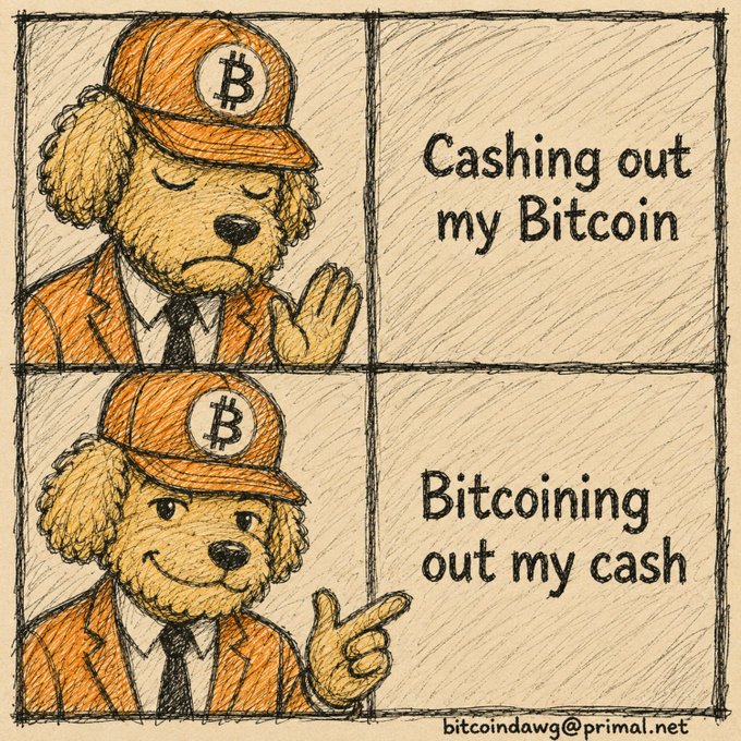 A two-panel cartoon meme featuring a dog character wearing a Bitcoin cap; the top panel reads 'Cashing out my Bitcoin' with a hesitant gesture, while the bottom panel reads 'Bitcoining out my cash' with an eager pointing gesture, signed by bitcoindawg@primal.net.