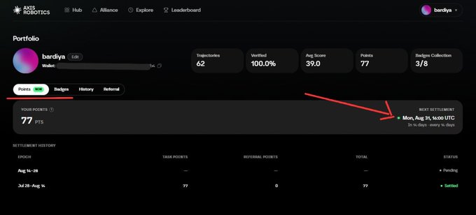 An Axis Robotics dashboard for user 'bardiya' showing a portfolio with 77 points and 62 verified trajectories, with a red arrow highlighting the next settlement on Mon, Aug 25.
