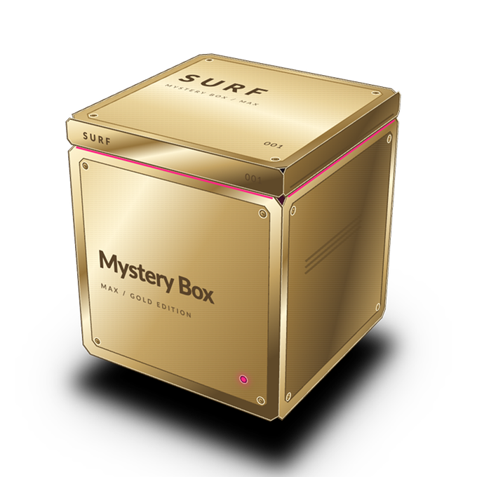 A 3D render of a gold-colored cubic 'Mystery Box' labeled 'SURF MYSTERY BOX / NFT', 'Mystery Box', and 'MAX / GOLD EDITION' with a pink light strip.