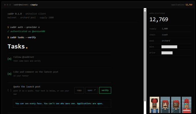 A screenshot of a 'zaddr@mainnet' terminal interface showing applications at '12,769', with a 'Tasks' section including a verification checklist and a sidebar displaying supply, chain (zcash), and pool (orchard) details.