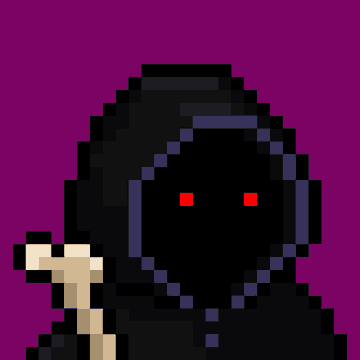 A pixel art character wearing a black hooded cloak with glowing red eyes holds a bone.
