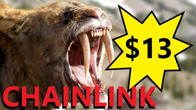 A snarling saber-toothed cat with prominent fangs appears next to a yellow starburst graphic displaying '$13' and the red text 'CHAINLINK' below.