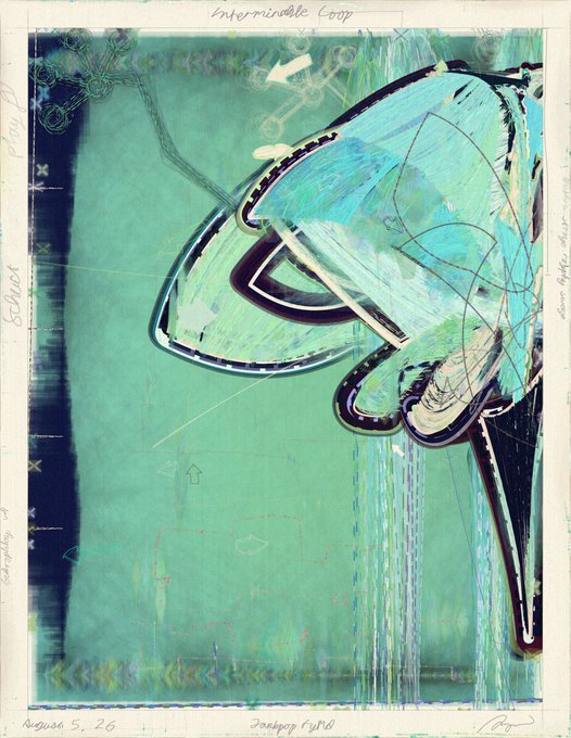 An abstract painting titled 'Interminable Loop' dated 'August 5, 26', featuring a stylized face in profile against a teal background with handwritten notes along the edges.