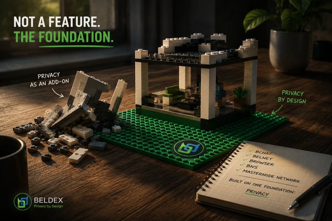 A promotional advertisement for Beldex features a LEGO-style structure with text reading 'NOT A FEATURE. THE FOUNDATION.' and 'PRIVACY BY DESIGN', alongside a notebook listing 'BCHAT, BELNET, BROWSER, BNS, MASTERNODE NETWORK' under 'BUILT ON ONE FOUNDATION: PRIVACY'.