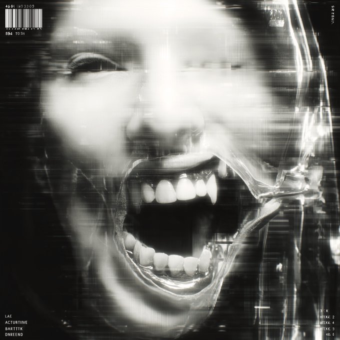 A high-contrast, glitch-effect black and white close-up of a person's open mouth and teeth, with barcode-like text overlays at the top.
