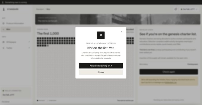 A notification pops up on a website reading "Not on the list. Yet." under a "GENESIS ALLOCATION IN PROGRESS" header, suggesting a user is not yet allocated to teach active wallets. The image ties to a post expressing frustration about not being on a list and asking for clarification on what qualifies as an active wallet and contributor.