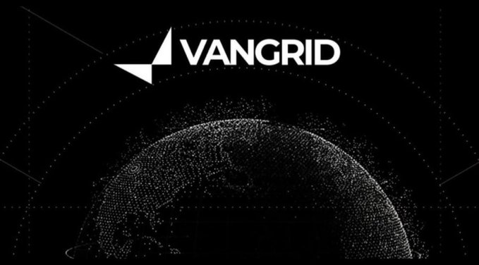 A black logo screen for 'VANGRID' displayed above a dotted globe graphic.