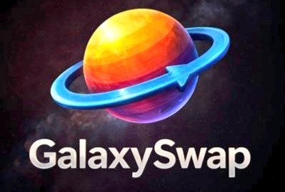 A GalaxySwap logo featuring a colorful planet with a blue ring against a dark, starry background.