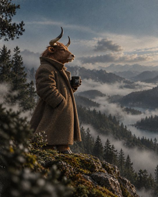 A surreal image of an anthropomorphic bull wearing a brown wool coat, standing on a mossy cliff edge and holding a mug while overlooking a misty mountain landscape.