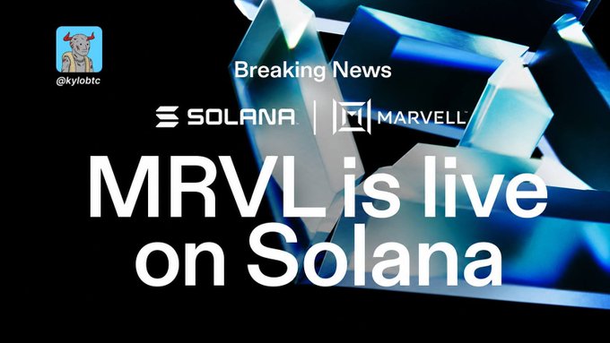 A promotional graphic with the text 'Breaking News: MRVL is live on Solana' featuring Solana and Marvell logos, branded with @kylobtc.