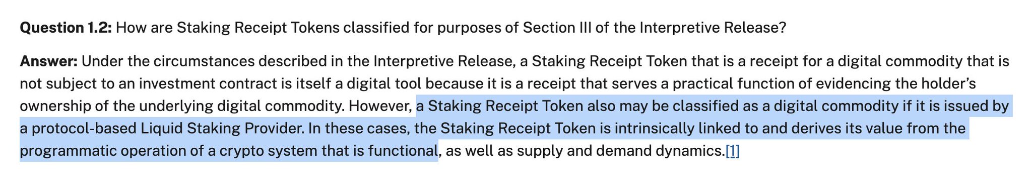 A document snippet answering 'Question 1.2' about the classification of Staking Receipt Tokens, with portions of the answer highlighted in blue.