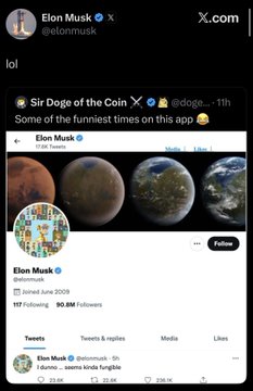 The image features an X post by Elon Musk (@elonmusk) replying "lol" to a tweet from the Sir Doge of the Coin (@doge) that jokes "Some of the funniest times on this app," alongside a profile picture of Mars and the quote "l dunno... seems kinda funlgie." The accompanying post draws a parallel by referencing Bored Ape #5809, which Elon previously used as his profile picture.