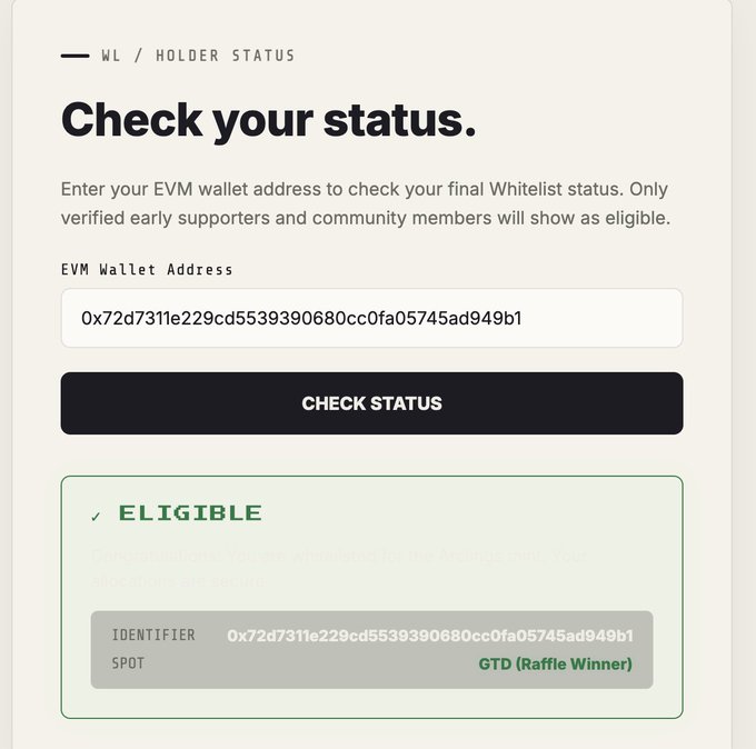 A wallet status check page showing "ELIGIBLE" status for wallet 0x72d7311e229cd5539390680cc0fa05745ad949b1, marked as "GTD (Raffle Winner)" — confirming the user holds a guaranteed spot despite the minting issue mentioned in the post.