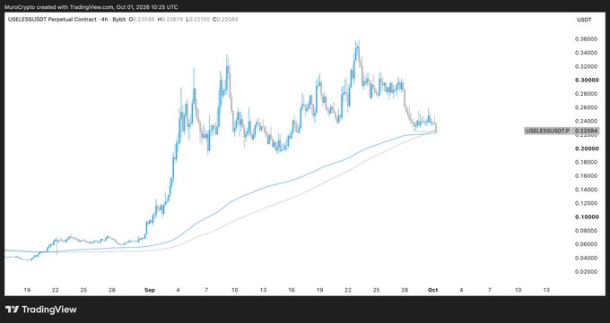 A 4-hour candlestick chart for USELESS/USDT Perpetual Contract on TradingView, showing price ranging between roughly $0.08 and $0.36 with current value around $0.2368, displaying volatile price action with an upward trend that has recently pulled back from the $0.34 high.