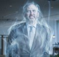 A ghostly, translucent figure of a man in a suit appears to spectrally hover in a dimly lit room, unexpectedly appearing in the $XRP post that quotes "Unchained Melody" in a haunting, otherworldly moment.