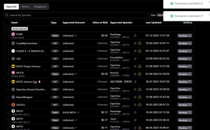 A dark-themed cryptocurrency wallet interface showing a list of approved assets for spending, including PORK (Token), various NFTs like CloneX, and WETH, with successful transaction submitted notifications in the top right corner.