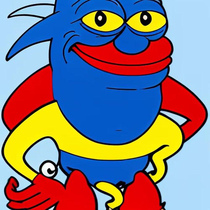 A cartoon illustration of a surreal character with a blue face, wide yellow eyes, red lips, and multiple colorful limbs against a light blue background.