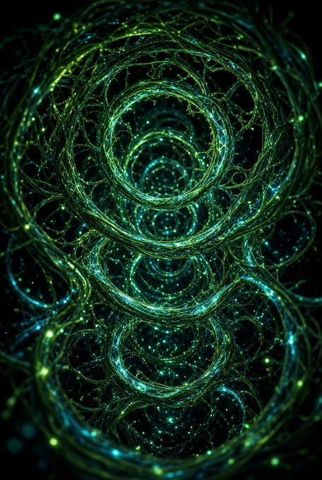 An abstract digital artwork featuring glowing teal and green fractal rings or loops interwoven against a black background, dotted with bright luminous points.