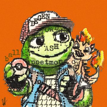 A colorful digital illustration of a green-skinned character wearing a cap with 'DEGEN' written on it, holding a Pokéball-like object and a small flame creature, with text overlays including 'ASH', 'ball', and 'poetmon'.