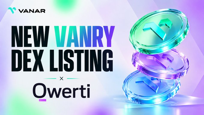 A promotional graphic announces a new DEX listing of $VANRY on Qwerti, featuring the Vanar logo in the top left corner and stylized stacked digital coins in teal and purple on the right, visually reinforcing the post's message about expanding cross-chain access and trading convenience for the Vanar ecosystem token.